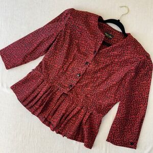 Stuart Alan Vintage Red Black Floral Peplum Blouse 3/4 Sleeve Size 14 (M/L) USA